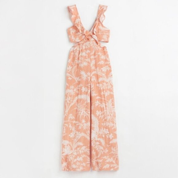 H&M Cut Out Flounce Trimmed Jumpsuit Medium Orange Floral - Picture 3 of 9